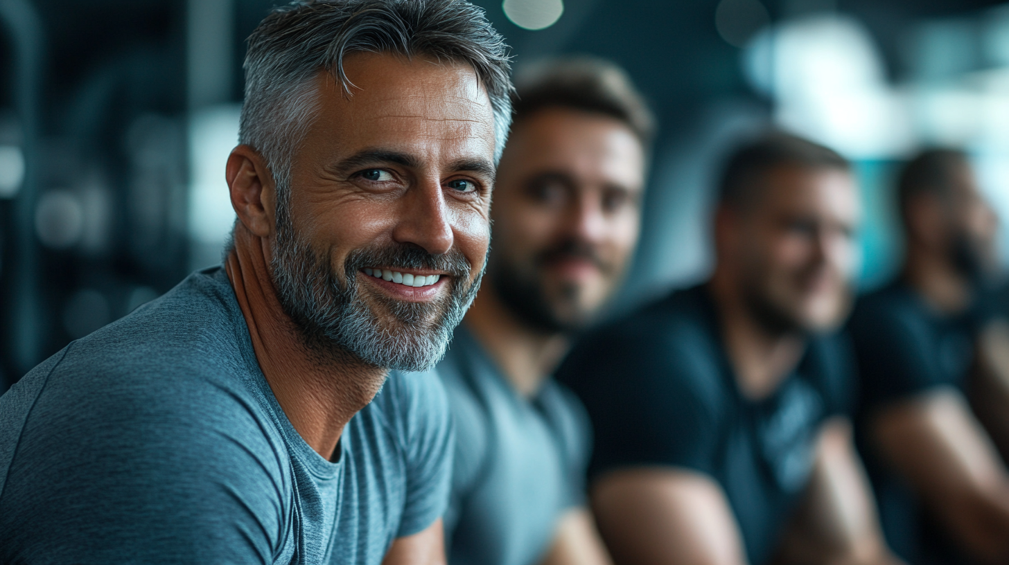 Grupo de hombres maduros exitosos celebrando sus logros en desarrollo personal y bienestar integral