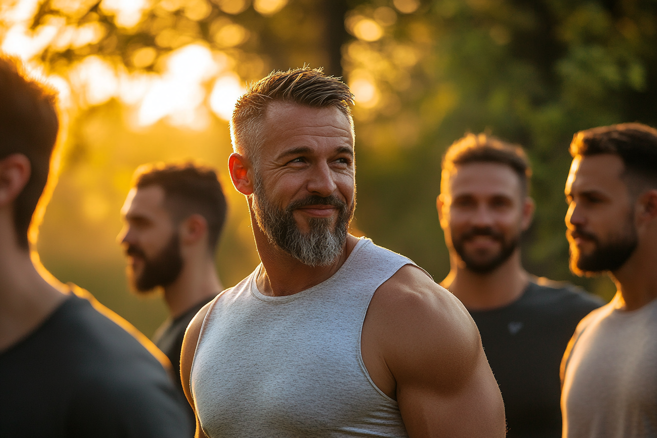 Grupo de hombres entrenando juntos en sesión de fitness funcional al aire libre